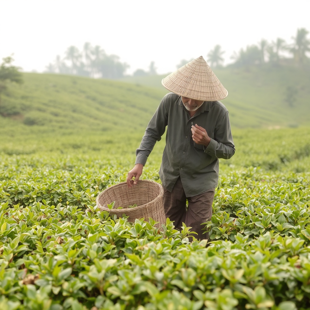 An older Chinese man holds a tea collecting basket and wears a pointes triangular field hat in the sun as he picks tea leaves. The rolling tea farm in the distance and the field he is standing in is bright green with tea leaves and trees in the distance. 