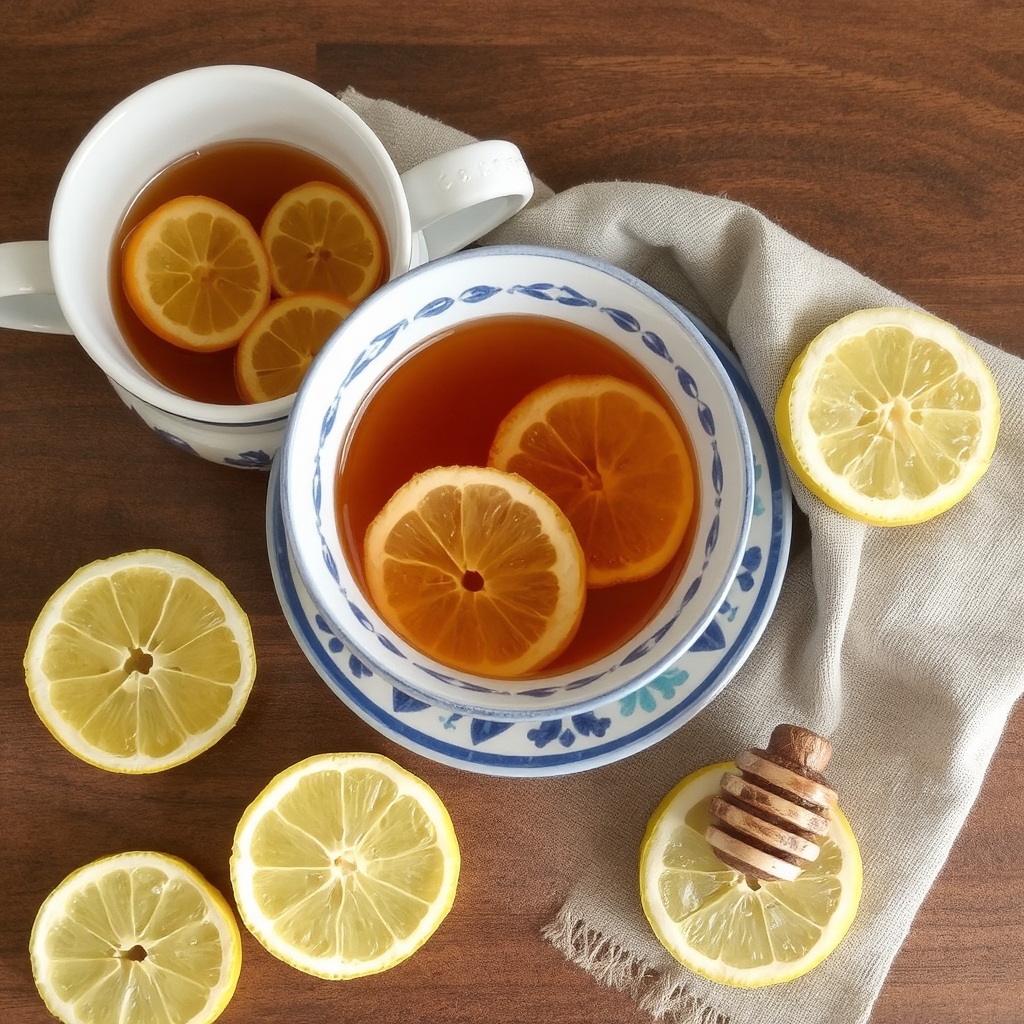 Two teacups with an orange-colored tea in each are joined by lemon rounds and a honey rod and more lemon on top of a tea napkin atop a dark brown burl wood table.