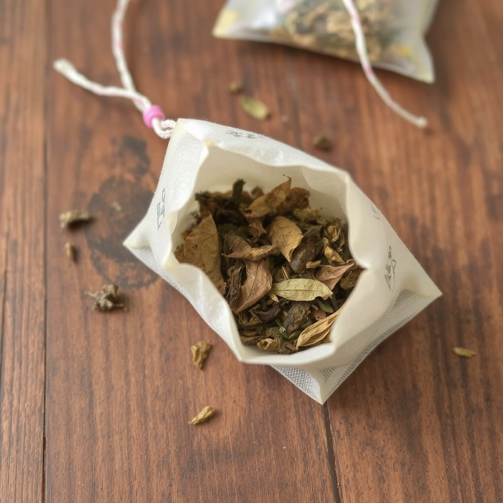 A wooden surface is occupied by an open reusable tea bag with fresh tea leaves inside.