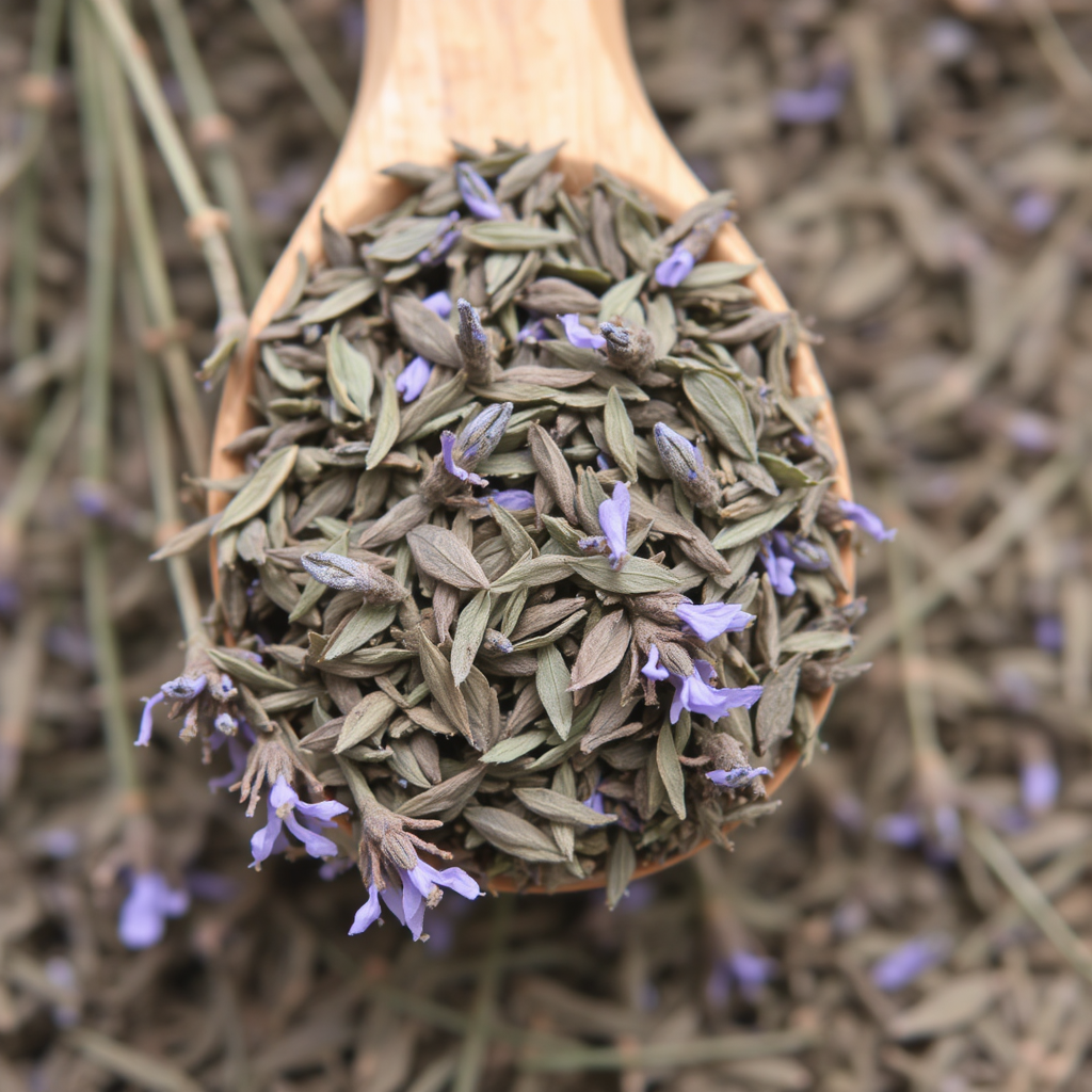 A light-colored wooden spoon holds a heaping amount of lavender tea on it against a blurred backdrop of tea plants.