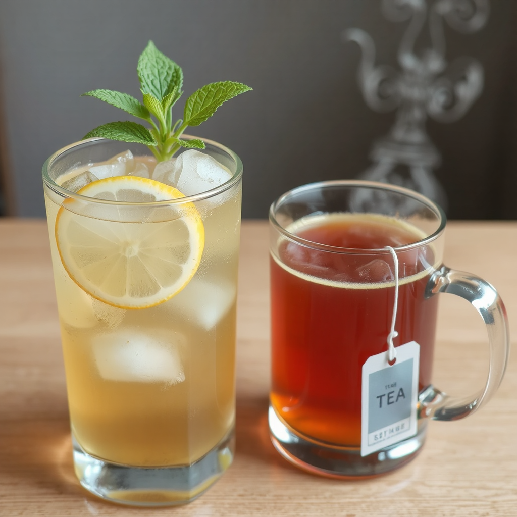 A tall glass of iced tea with a lemon round and a sprig of basil sits on a light wooden table beside a steaming glass mug of hot tea.