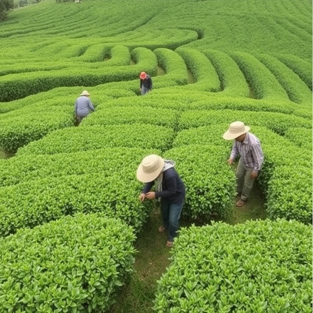 A vivid green field of rolling tea plants is being manicured and handled by several tea farmers.