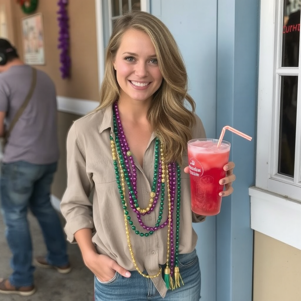 A blonde young adult wears a taupe button-down blouse and faded jeans. One hand is in her pocket, while the other holds a pink cocktail in a plastic glass with a straw. She smiles as she wears several long Mardi Gras beads around her neck. 