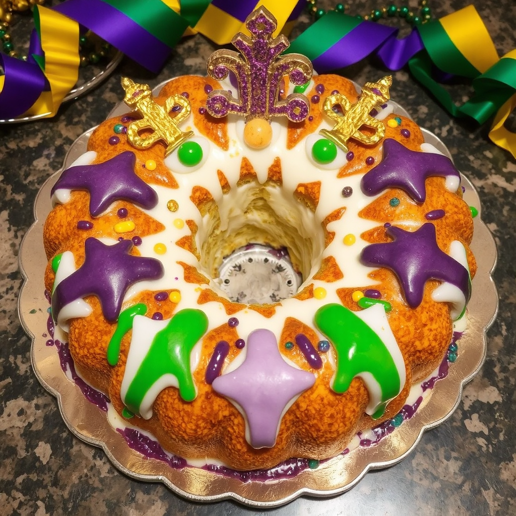 A large bundt cake with purple, green, and yellow icing decorates in traditional Kind Cake style to celebrate Mardi gras.