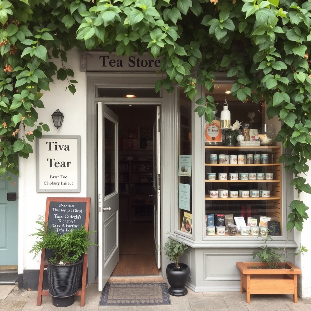 An English-looking specialty tea store is covered at the top of the building in greenery welcoming anyone into the open door of the store. Fine canisters of tea are shown behind a glass showcase window.