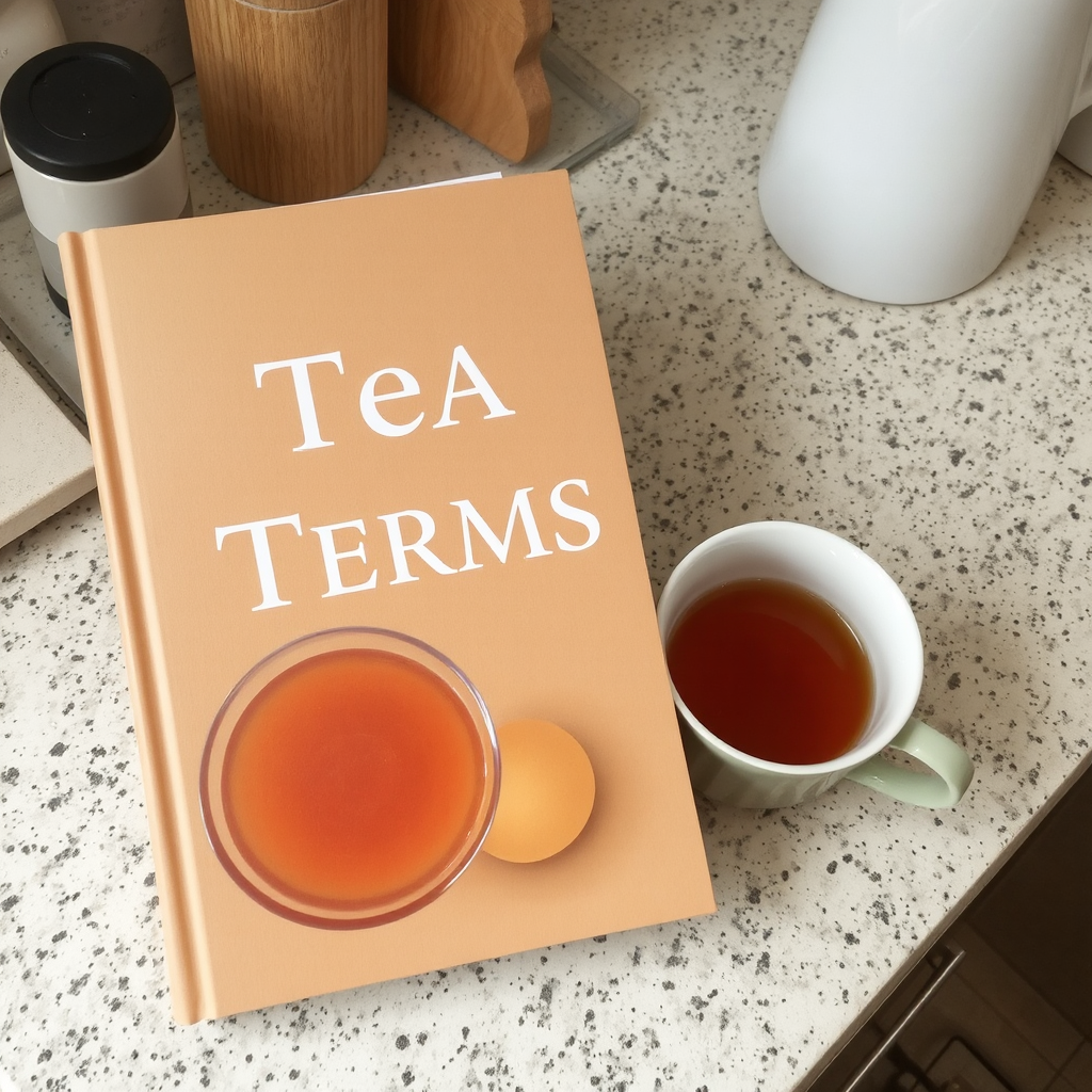 A book titles "Tea Terms" sits on a kitchen counter beside a hot cup of tea. 