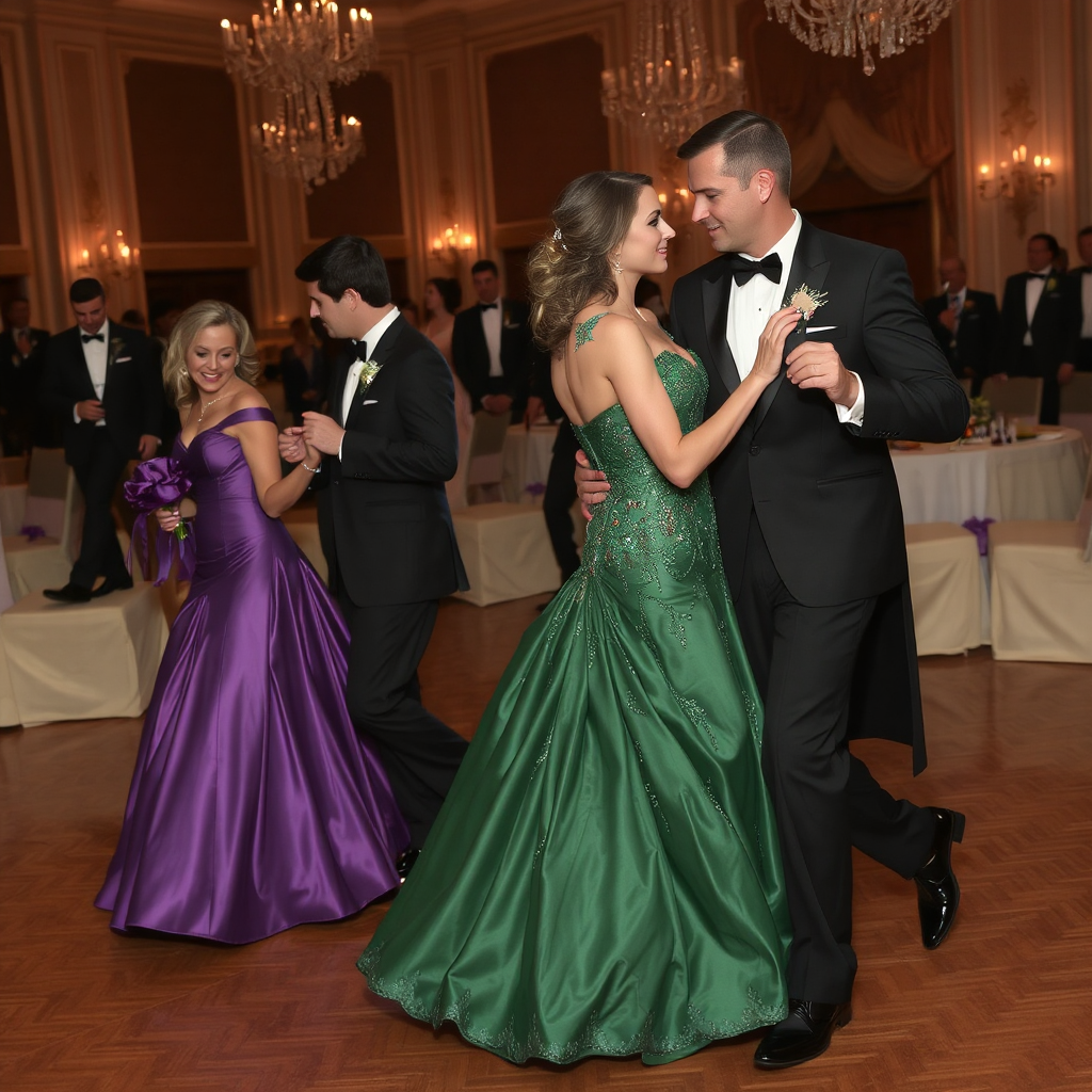 A beautiful Mardi Gras gala in a private ballroom shows men in tuxedos dancing with women dressed in formal gowns in emerald green and dark purple. Chandeliers hang in the background as other attendees are seen sitting dining at tables. 