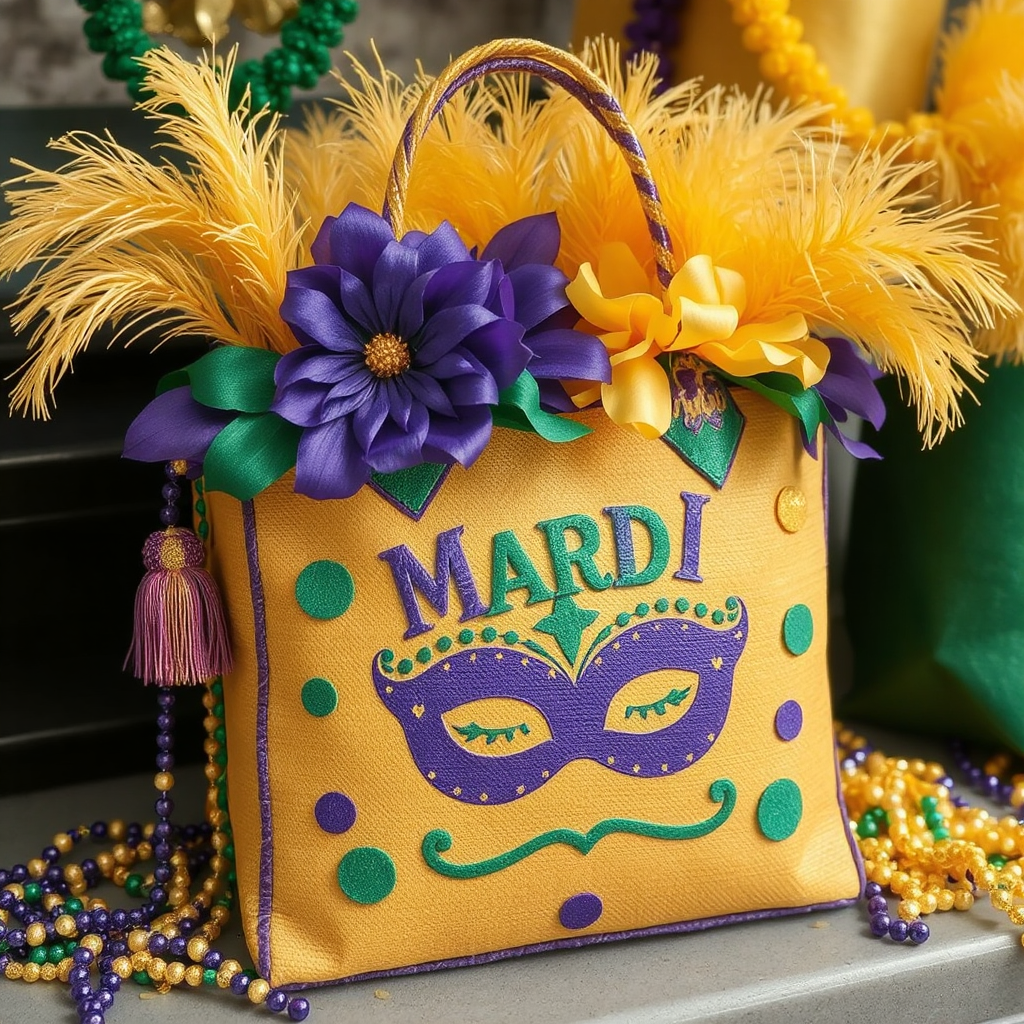 A large yellow tote bag with purple flowers and yellow feathers with green details and a yellow and purple handle sits on a counter surrounded by Mardi Gras beads. The front of the bag shows a purple mask with green details.