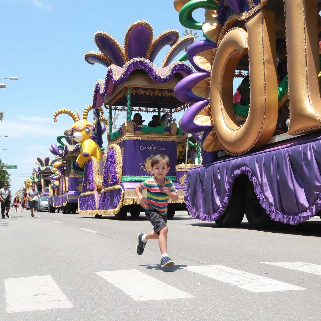 A young boy runs irresponsibly alongside a huge Mardi Gras float on a parade route.