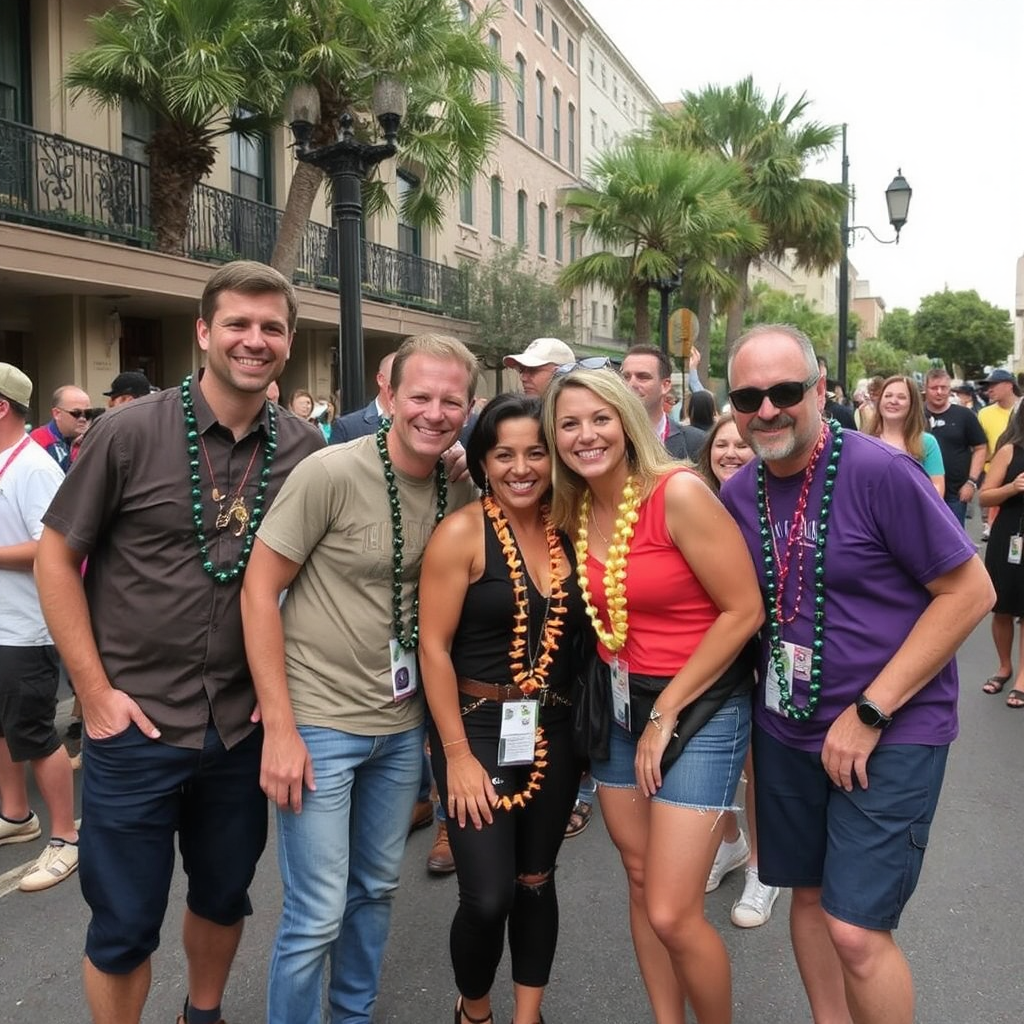 Five male and female friends in faded jeans, shorts, and short-sleeved t-shorts wearing Mardi Gras beads around their necks and smiling for the camera on a parade route in New Orleans are among many patrons along a street in New Orleans.