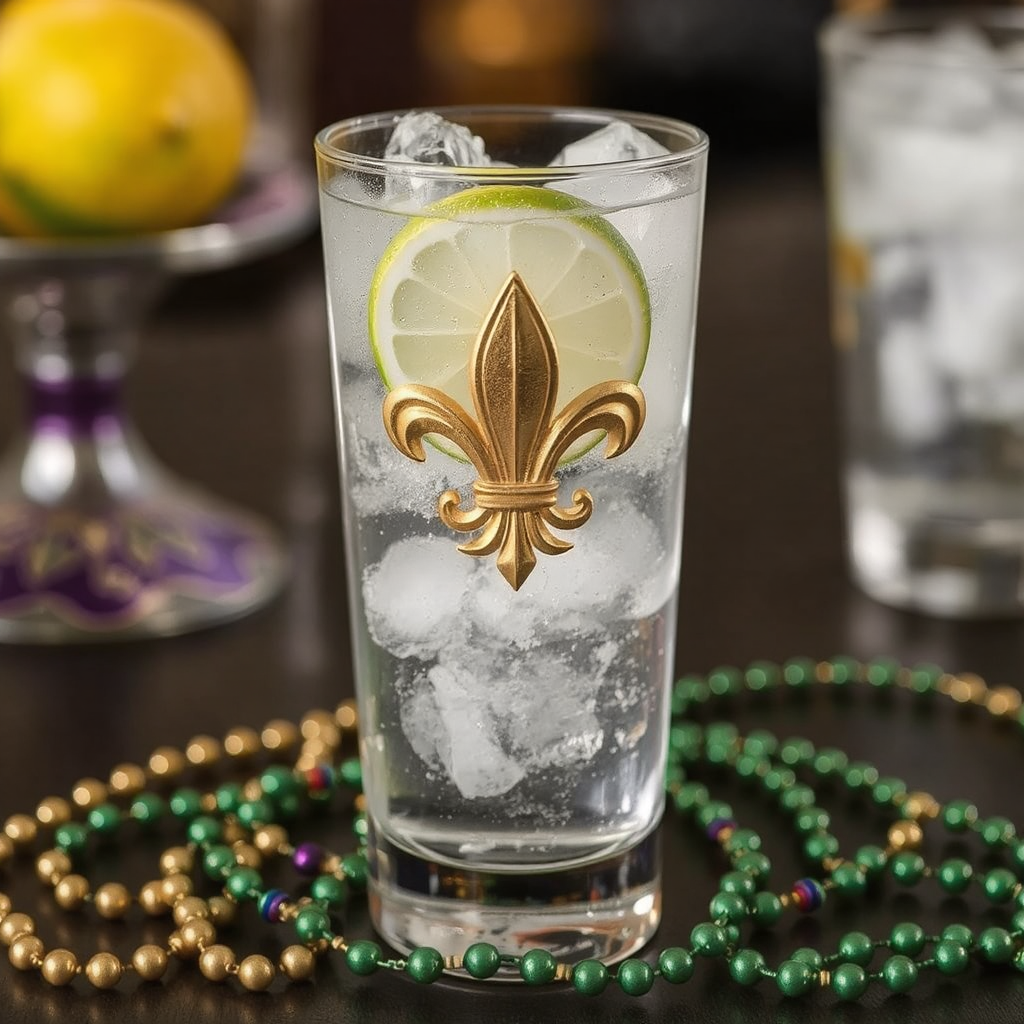 A tall clear glass filled with iced water and a round slice of lime is adorned with a gold Fleur de Lis logo. The glass sits on a tabletop surrounded by Mardi Gras beads.