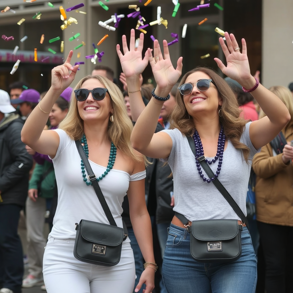 Two young women in their late 20s wear Mardi Gras beads around their necks and have crossbody bags around their bodies. Noth are dressed in casual attire and are waving and holding their arms up at a passing Mardi Gras float to catch throws. They are both smiling and appear to be having a great time amongst the other people in the crowd behind them. 