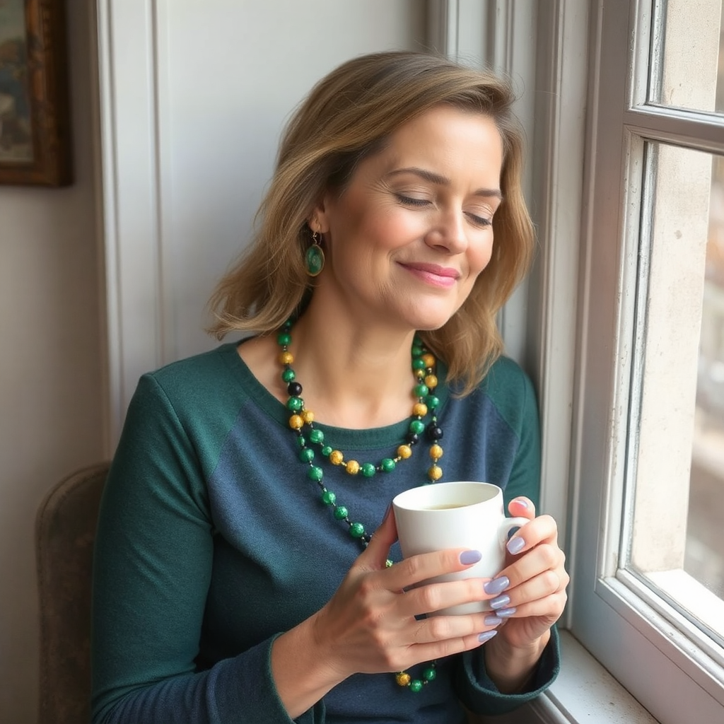 A woman in a dark green shirt with Mardi Gras beads around her neck closes her eyes as she sits b y a window smiling with a cup of coffee in her hands.