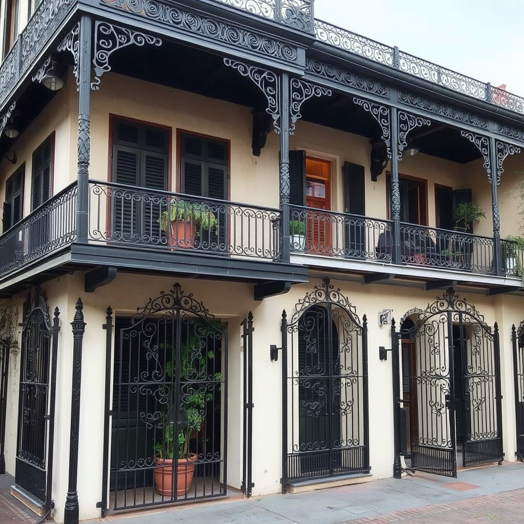 A beautiful dark green painted New Orleans wrought iron railing and details on a New Orleans old 2-story building show off the beige colored stuccop of the building. 