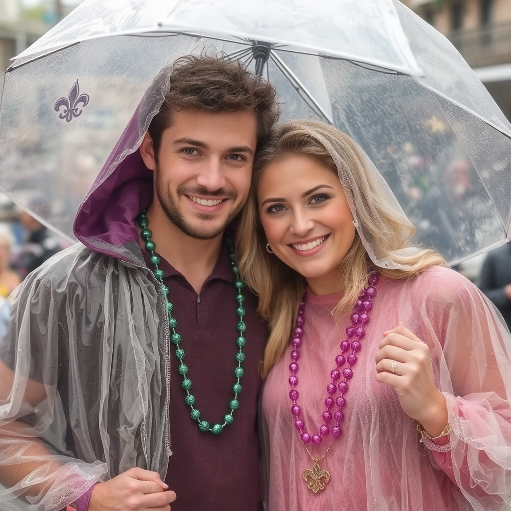 A young attractive brunet man and blonde woman stand together under a clear umbrella during Mardi Gras in New Orleans with beads around their necks smiling.