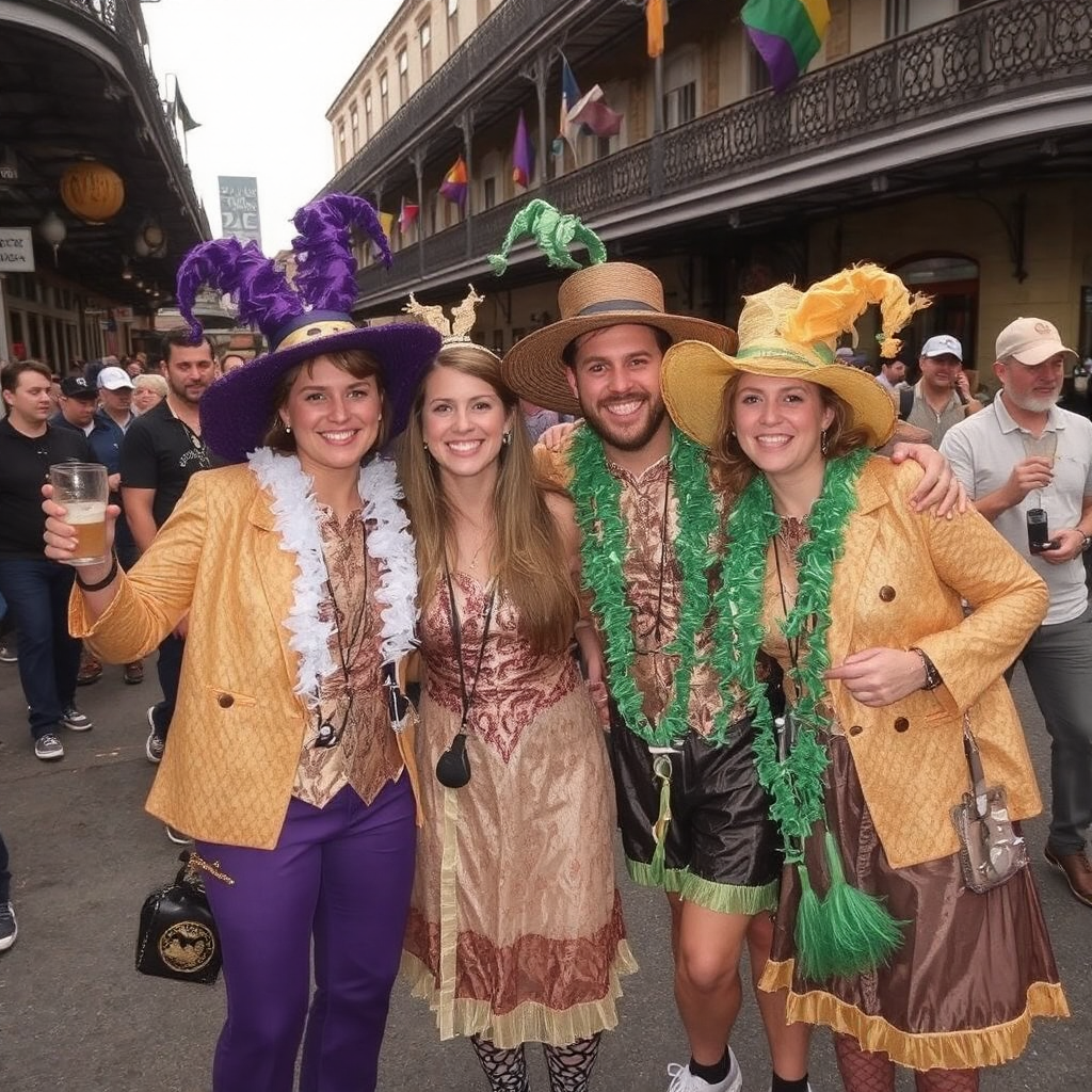 Four friends at Mardi gras in New Orleans wearing colorful costumes as they all smile at the camera showing the fun they are having together.