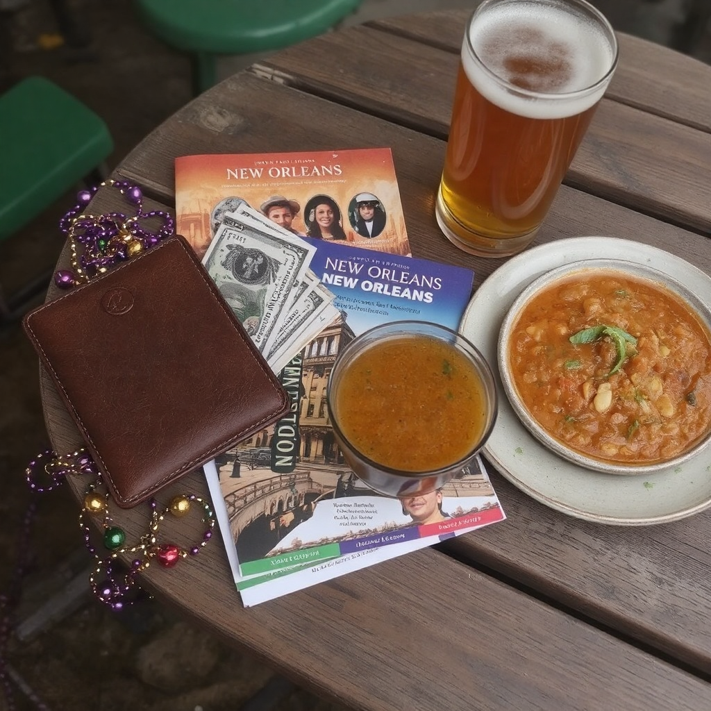 An outdoor wooden cafe table holds New Orleans brochures, a dark brown leather wallet with cash sticking out of it, and Mardi Gras beads, Creole food sits in two bowls, and a beer in a glass, is also seen. 