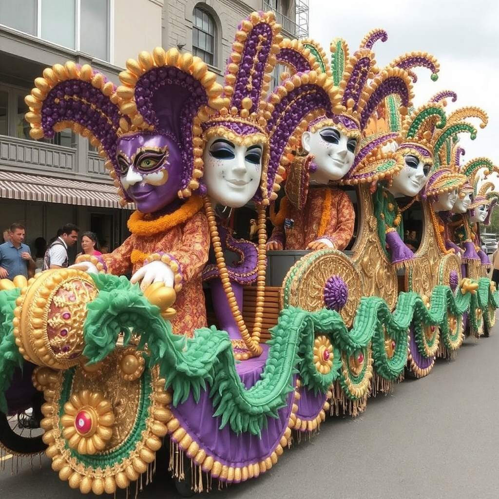 A massive Mardi Gras float rolls down a parade route in New Orleans detailed in yellow, green, and purple colors. Onlooker are seen in the background along the side of the street.