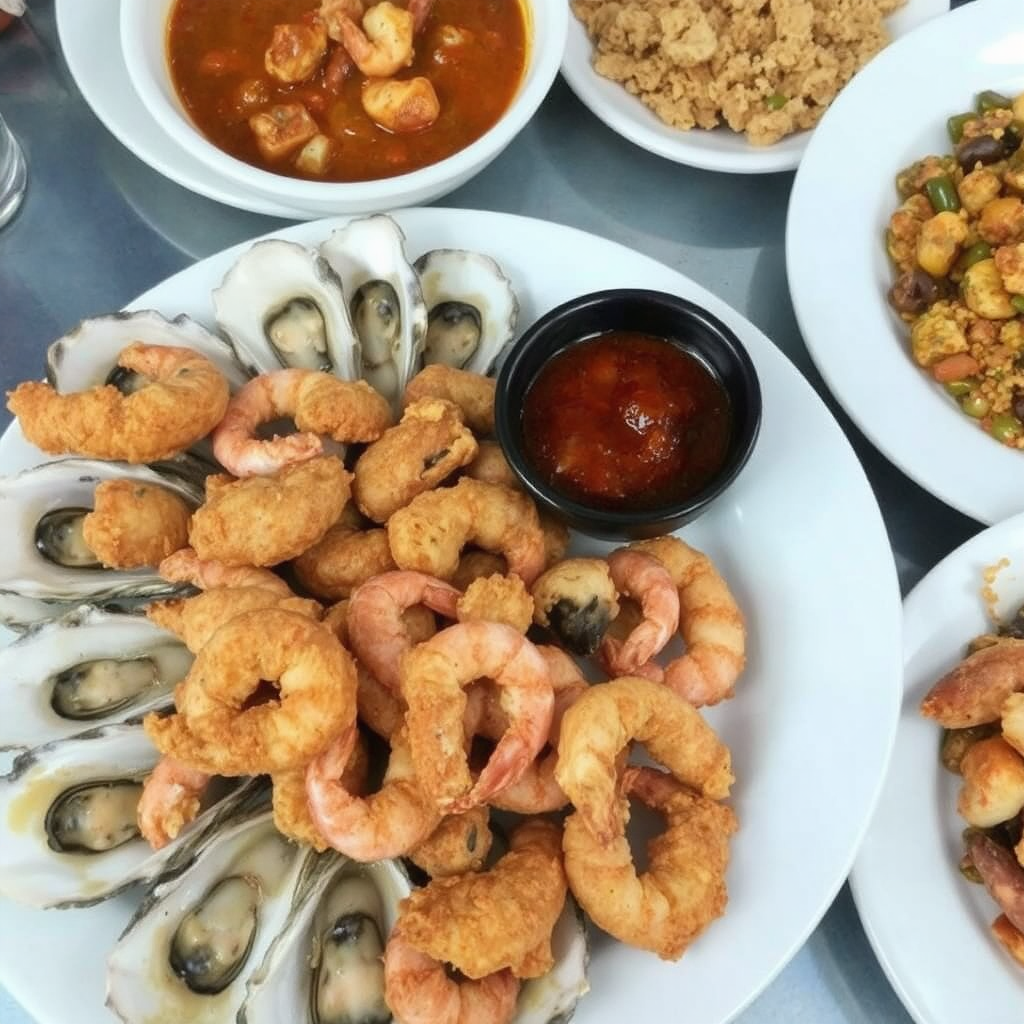 A huge plate of oysters on the half shell and fried shrimp with cocktail sauce is shows as well as other Creole New Orleans dishes off to the sides of the main dish.