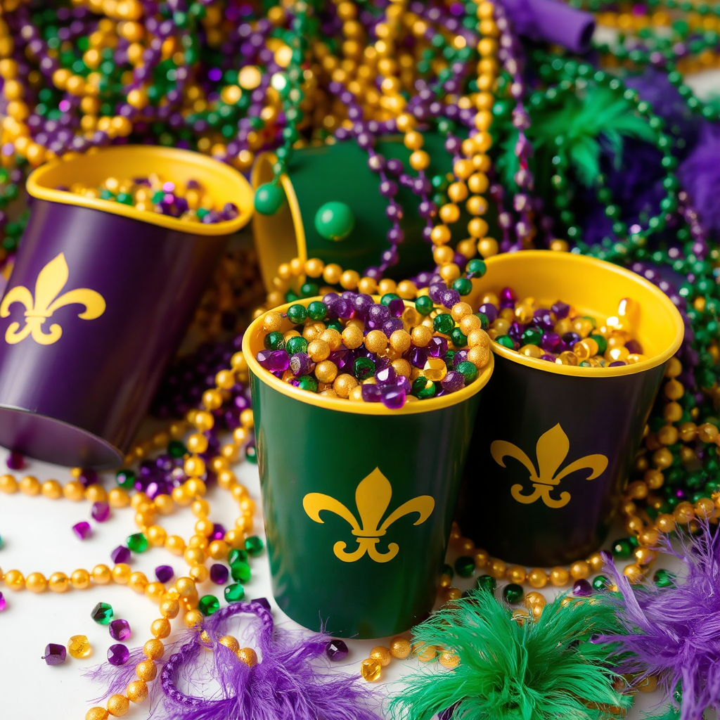 Yellow, green, and yellow plastic cups and Mardi Gras beads and feathers are seen in a huge pile on a table. The cups have the fleur de Lis emblem on them. 