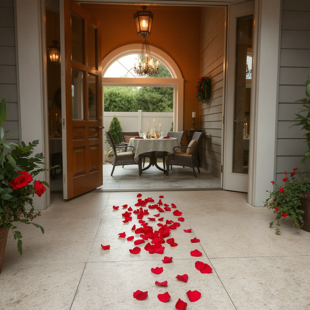 Fresh red rose petals are sprinkled from the camera on a polished concrete floor leading to an outdoor patio set for dinner with candles and wine glasses on the table.