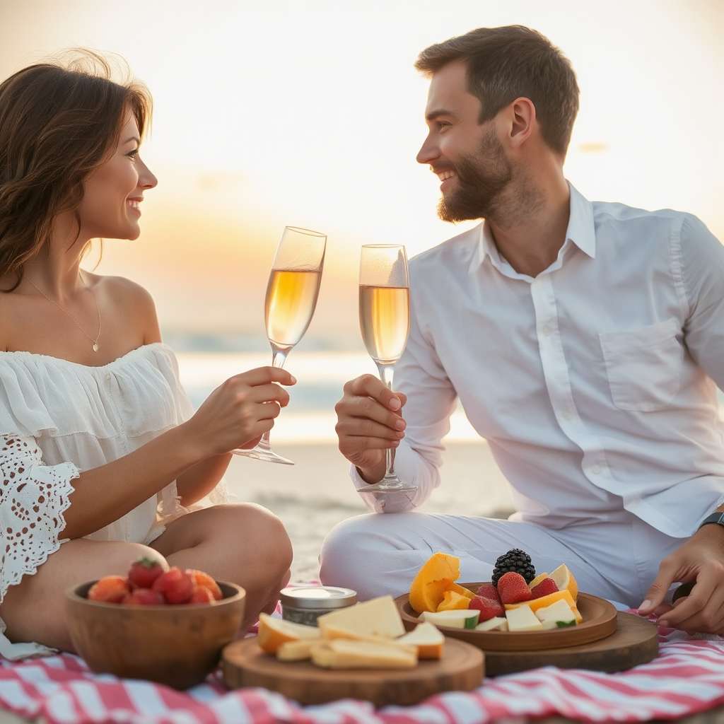 A man and woman toast with flutes of Champagne at sunset on a red and white checkered picnic blanket on a beach. The shore can be seen in the distance past them. They smile at one another. Dishes of fruit, and cheeses on wooden plates is on the picnic blanket.