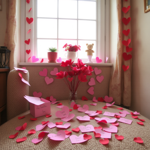 A room with a window lights up a table filled with red and pink heart-shaped love notes.