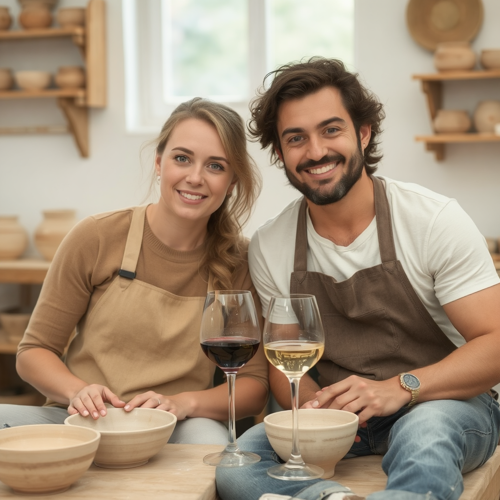 A couple sit smiling in front of pottery they crafted in an art studio together. There are glasses of wine on the table.