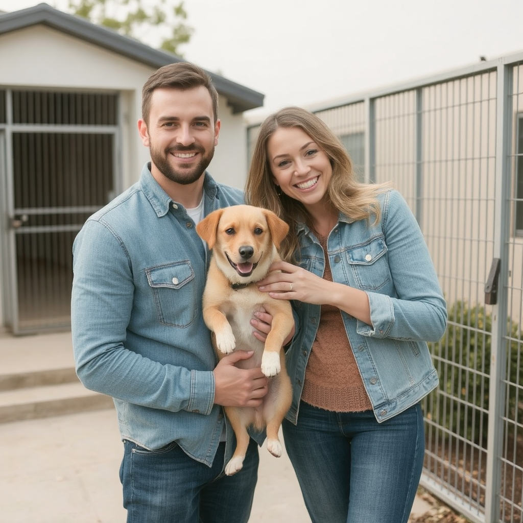 A man and woman at an animal shelter hold up a puppy they adopted.