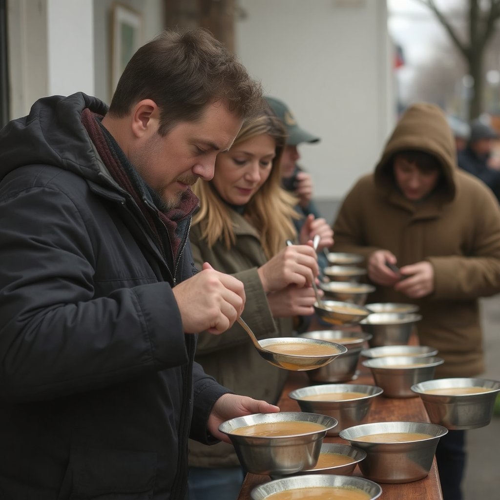 A husband and wife are behind a soup line ladling soup into metal bowls for homeless people in line. They wear jackets due to the chilly weather.