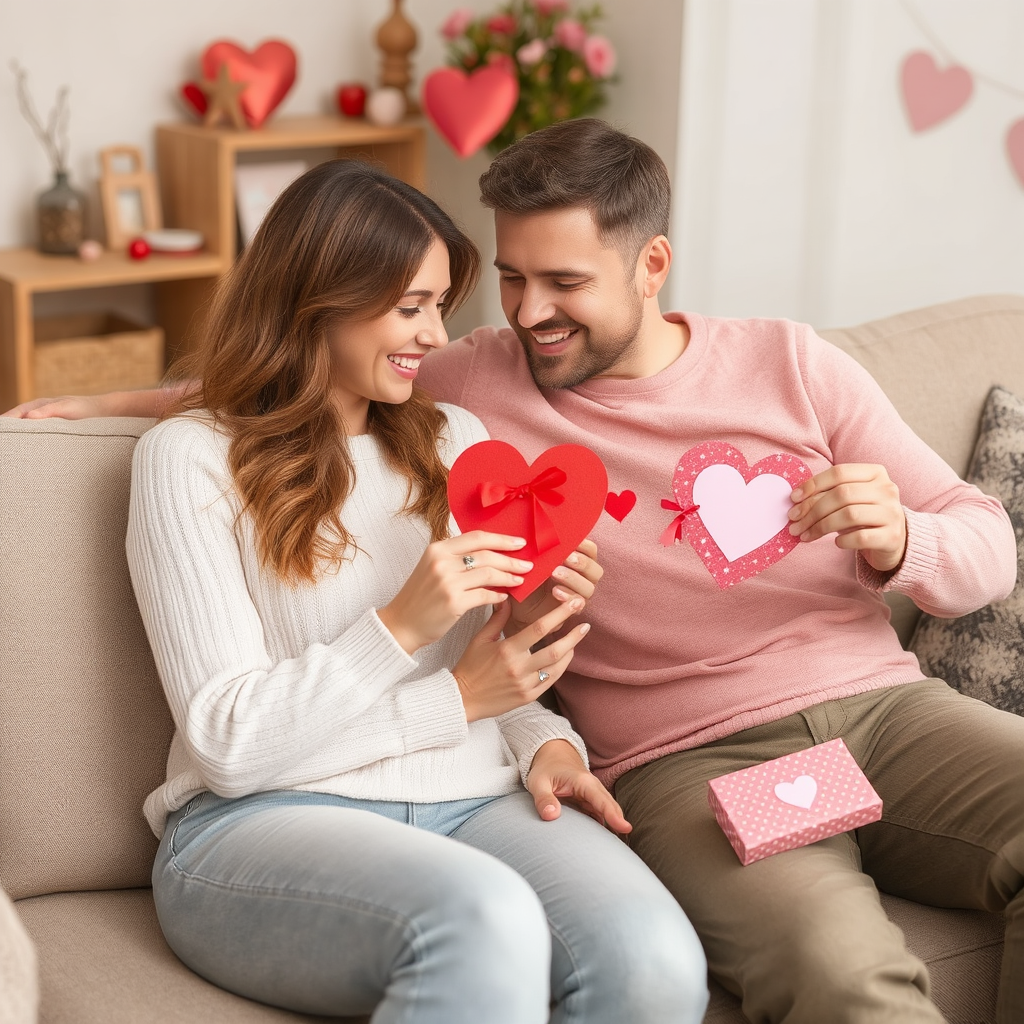 A man and woman sit smiling at the homemade valentines they made for one another. 