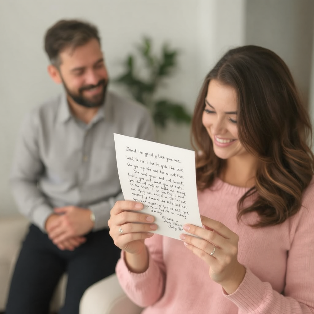 A woman in a pink shirt smiles widely as she reads a handwritten letter from her beau expressing how he feels about her. The man behind her sitting on a sofa smiles as he watches her read his letter.