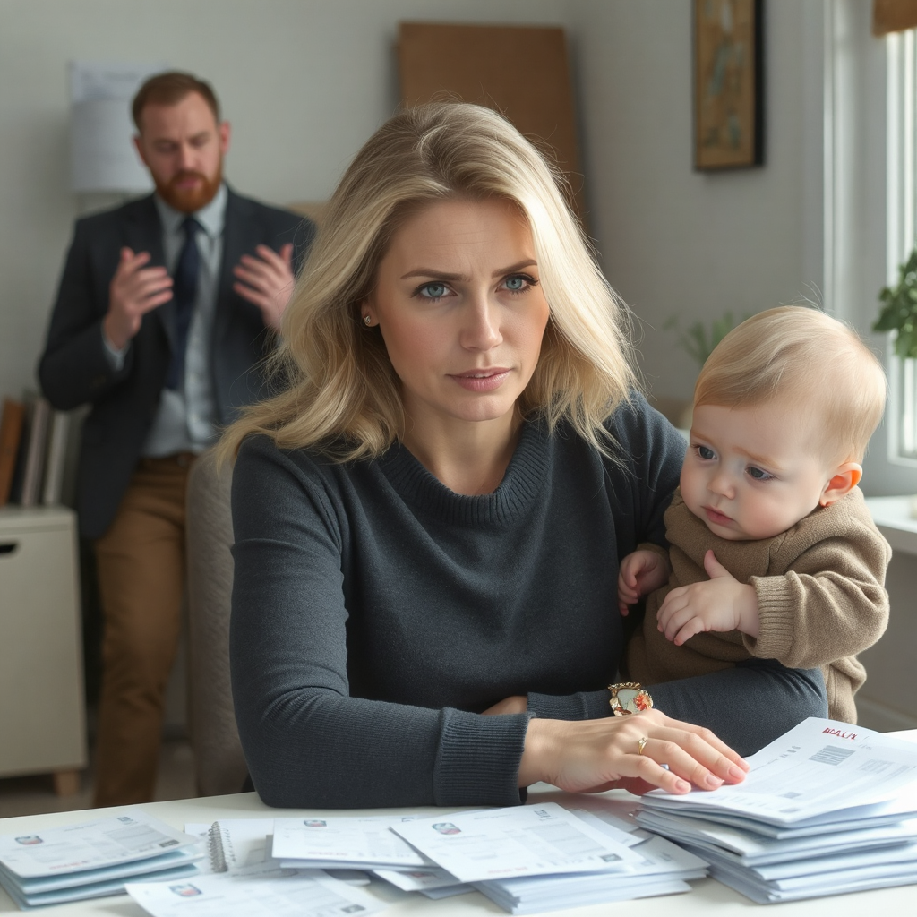 A blonde wife and mother holds a toddler on her left hip as she sits in front of a desk piled high with hills and her husband motions with his hands behind her as he leans against a piece of furniture.